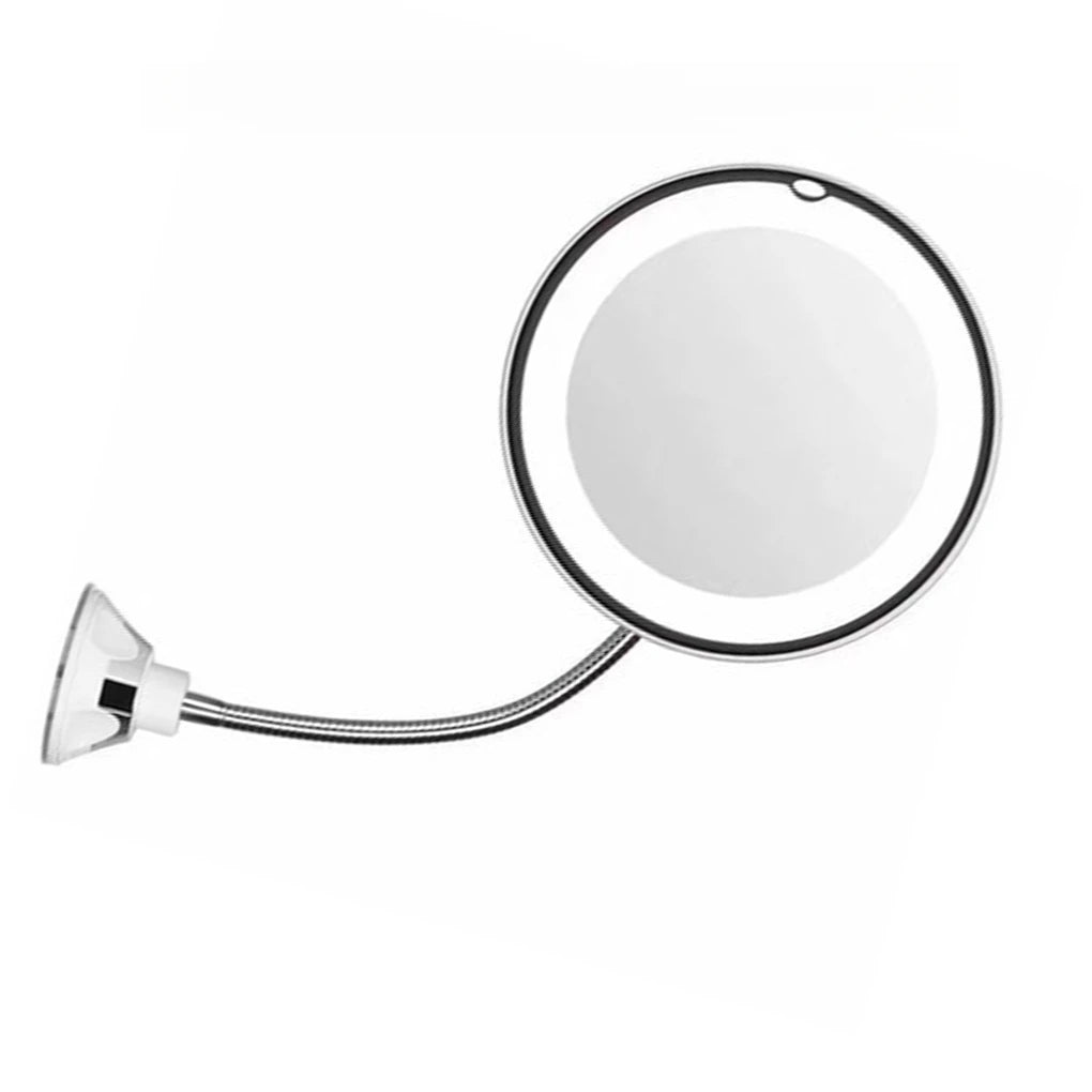 LED Makeup Mirror with 10X Magnifier & Flexible Gooseneck – Suction Cup, Diffused Light, 360° Rotation for Bathroom & Vanity