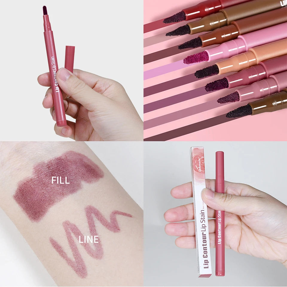 Long-lasting Lip Contour Lip Stain 2 In 1 Smudge-proof Lip Liner Pencil Ultra Pigmented Dual-Sided Design Non-Stick Cup Makeup