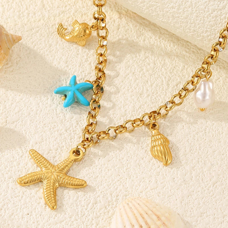 316L Stainless Steel New Fashion Jewelry 18K Gold-plated Tropical Ocean Fish Starfish Conch  Charm Chain Women Choker Necklaces