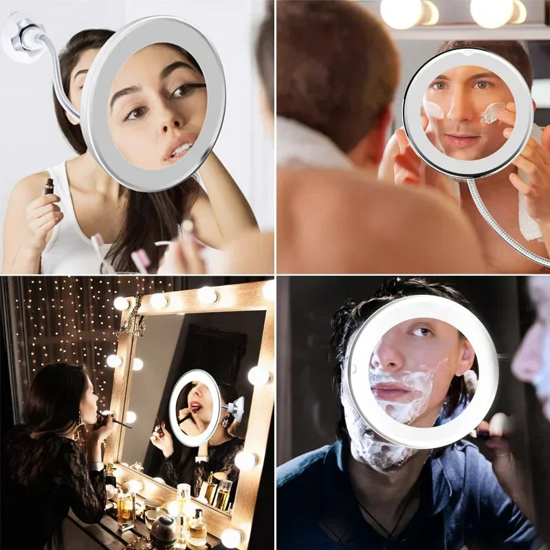 LED Makeup Mirror with 10X Magnifier & Flexible Gooseneck – Suction Cup, Diffused Light, 360° Rotation for Bathroom & Vanity