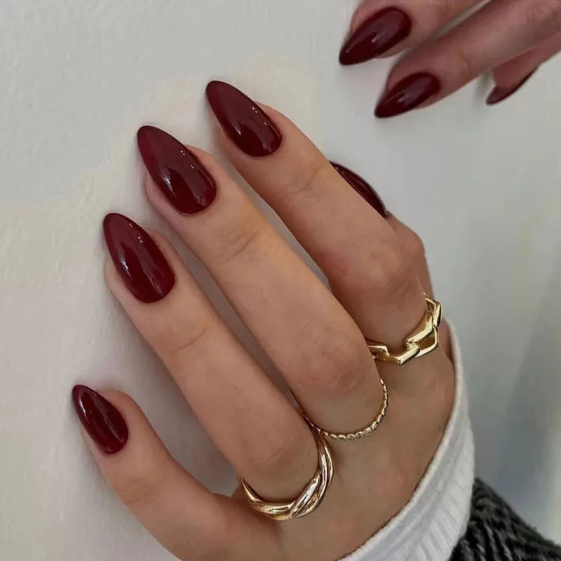 24Pcs Detachable Acrylic False Nails Press On Nail Cute Cherry French Almond Wearable Artificial Fake Nails Full Cover Nail Tips