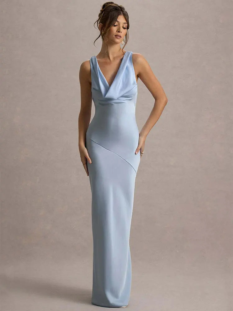 GACVGA Satin Elegant Maxi Evening Dress Women Sleeveless Slim Robe Gowns Sexy Bodycon Club Party Long Dresses Vestido