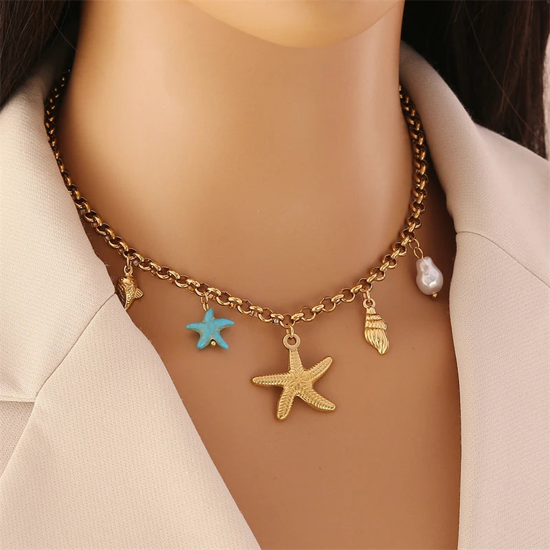 316L Stainless Steel New Fashion Jewelry 18K Gold-plated Tropical Ocean Fish Starfish Conch  Charm Chain Women Choker Necklaces