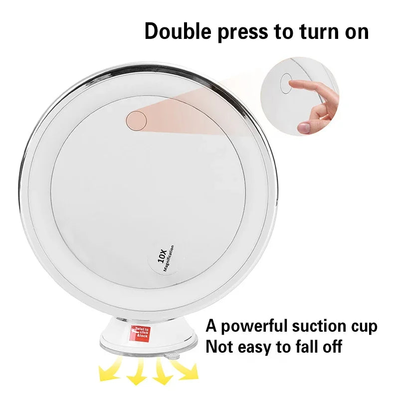LED Makeup Mirror with 10X Magnifier & Flexible Gooseneck – Suction Cup, Diffused Light, 360° Rotation for Bathroom & Vanity