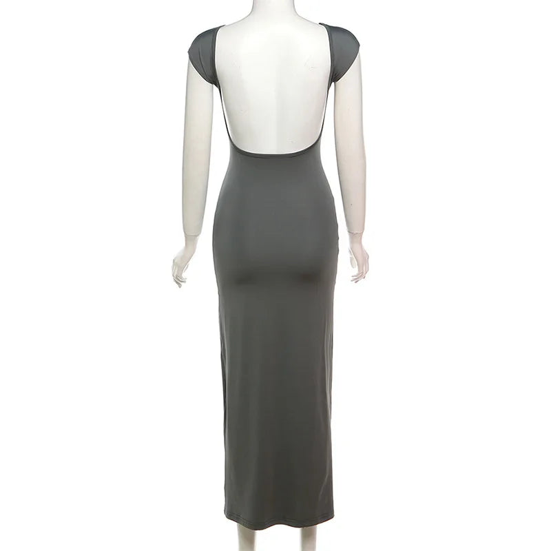 BOOFEENAA Short Sleeve Backless Long Dresses Sexy Outfits for Women Clothes Basics Casual Bodycon Grey Black Dress C71-BH23