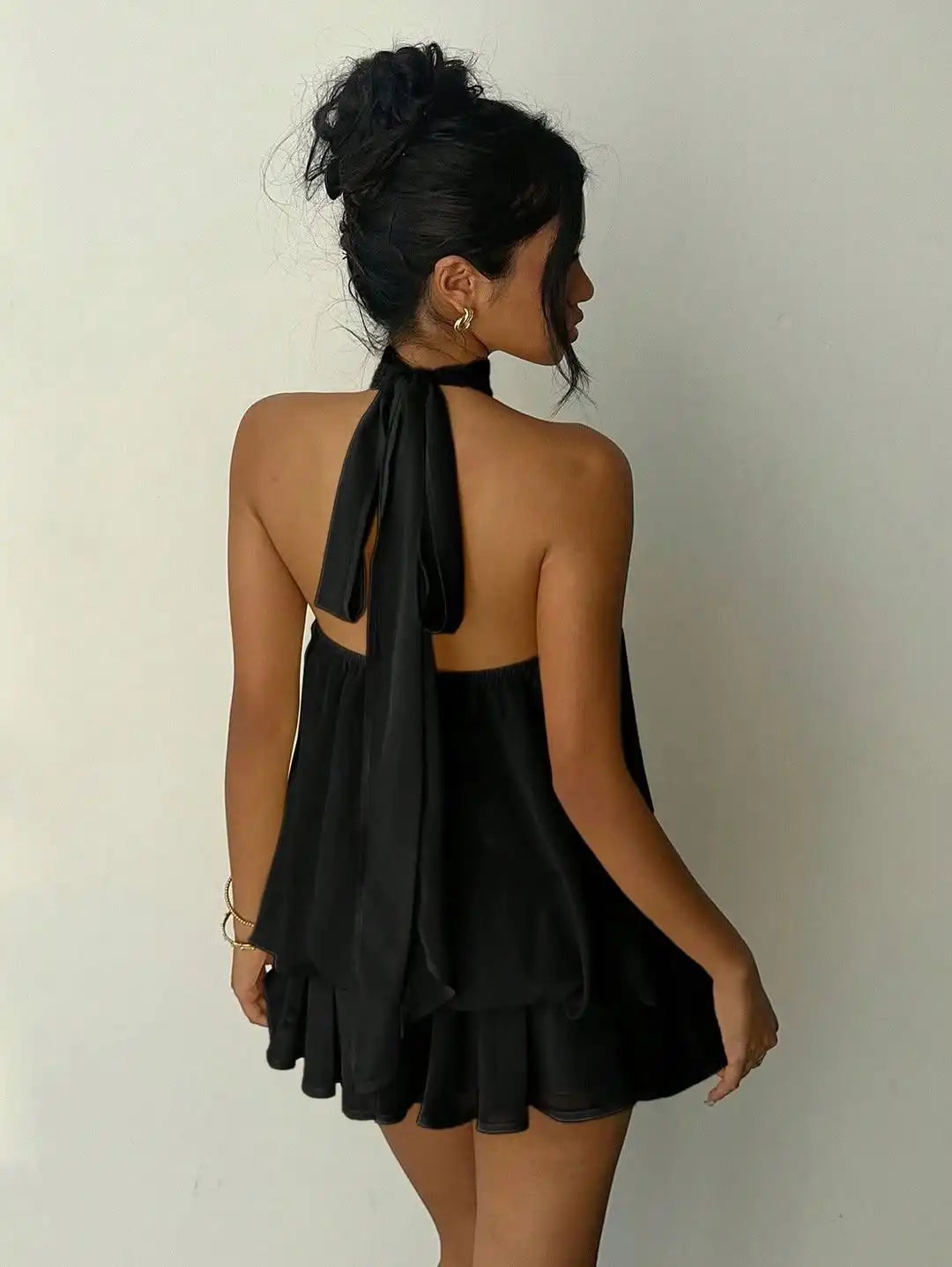 Lady Sexy Backless Halter Chiffon Mini Dress Women Chic Sleeveless Off-shoulder Pleated A-line Dresses New Summer Vacation Gowns