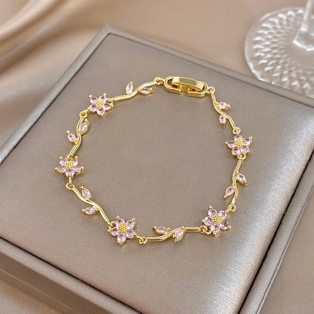 Greatera Tide Multiple Color Flower Rhinestone Branch Leaf Bracelet Dopamine Niche Sense Stainless Steel Women's Bangle Gifts