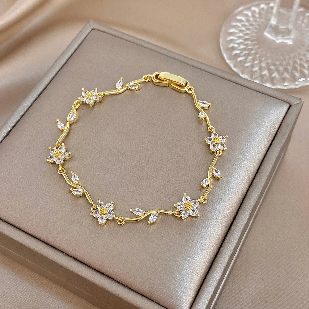 Greatera Tide Multiple Color Flower Rhinestone Branch Leaf Bracelet Dopamine Niche Sense Stainless Steel Women's Bangle Gifts