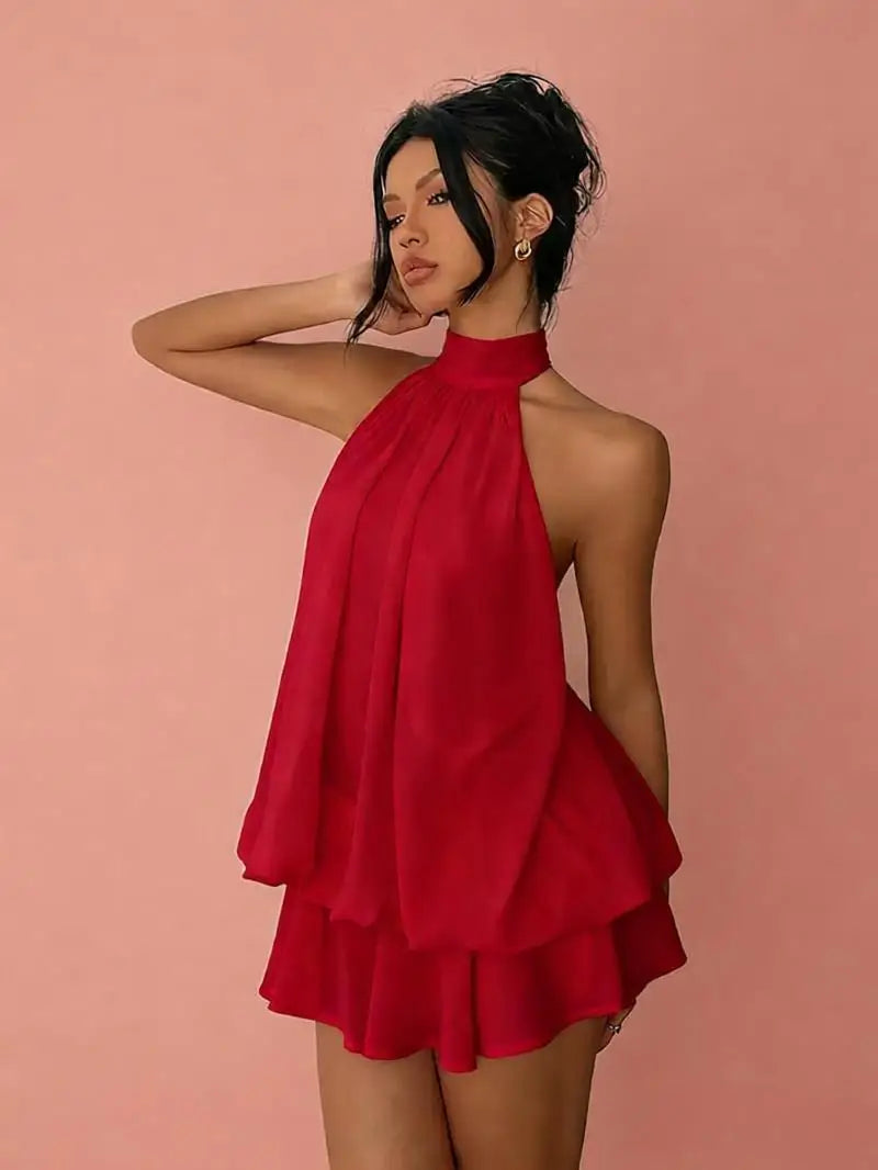 Lady Sexy Backless Halter Chiffon Mini Dress Women Chic Sleeveless Off-shoulder Pleated A-line Dresses New Summer Vacation Gowns