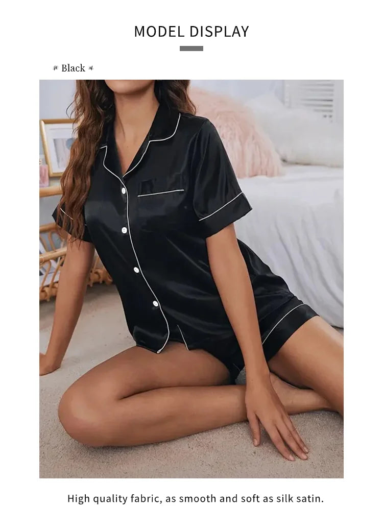 2026 Women Satin Pajamas Set 2-piece Pj Sets Sleepwear Loungewear Button-Down Pajama Women Pajamas Pijama Homewear Shorts Set