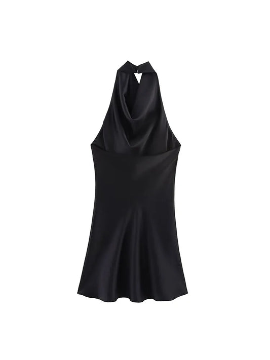 2026 Women Summer Halter Mini Dress Fashion Sexy Satin Backless Solid Female Elegant Street Party Dresses Clothing