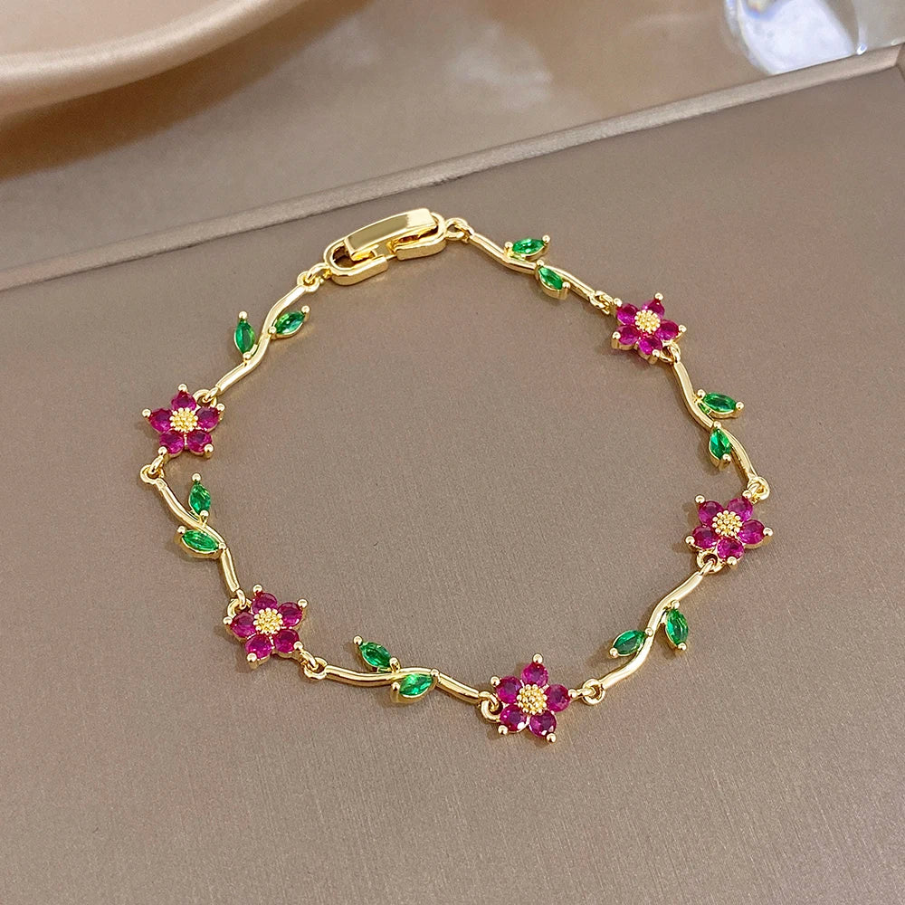 Greatera Tide Multiple Color Flower Rhinestone Branch Leaf Bracelet Dopamine Niche Sense Stainless Steel Women's Bangle Gifts