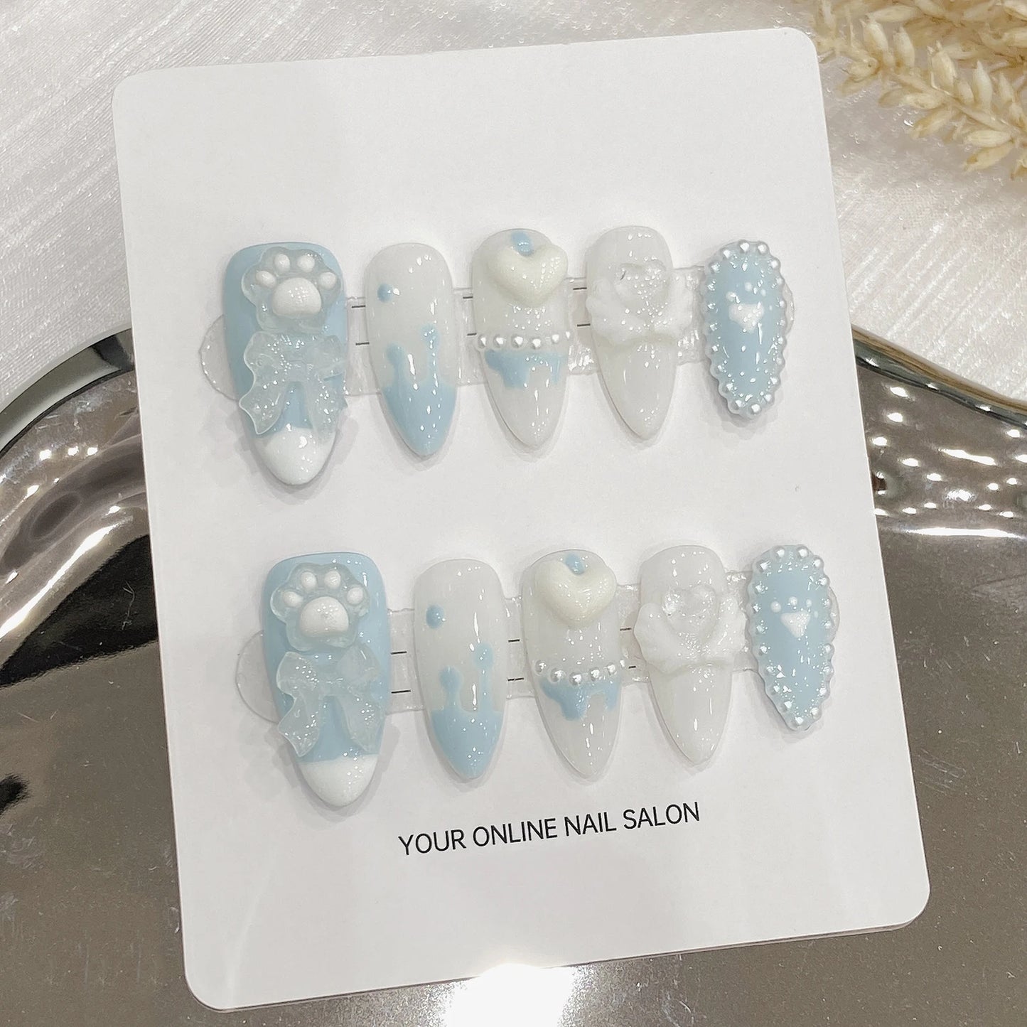 Handmade Press on Nails with Cute Bear Paw Design Light Blue Fake Nails Full Cover Wearable Sweet Korean Almond False Nail Tips