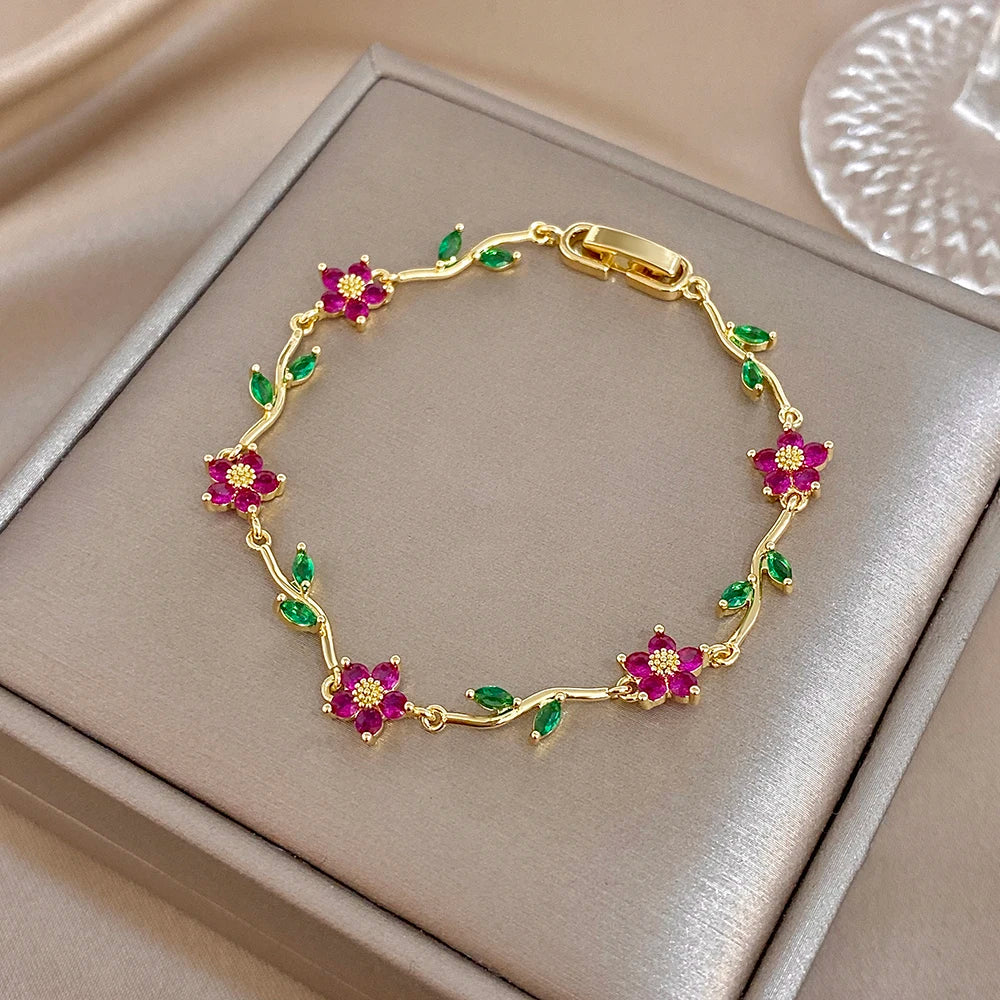 Greatera Tide Multiple Color Flower Rhinestone Branch Leaf Bracelet Dopamine Niche Sense Stainless Steel Women's Bangle Gifts