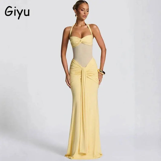 Giyu Sexy Evening Club Party Dresses 2025 Women Summer See Through Mesh Maxi Long Dress Bodycon Draped Ruched Mermaid Robe