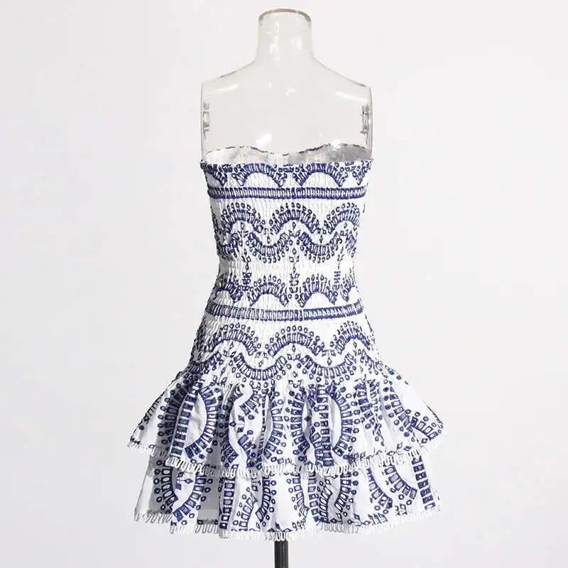 Luxury Embroidery Print Short Dresses Women 2025 Summer Holiday Stretchy Corset Bustier Ruffle Cake Dress Elegant Party Vestidos
