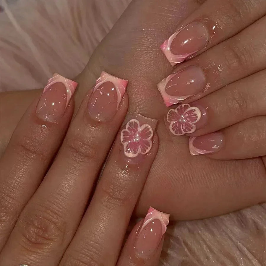 24pcs Press on Nails Short Almond Bowknot Black Press on Nails White Pearl Sweet French Tip Press on Nails Cute Nail Artificial