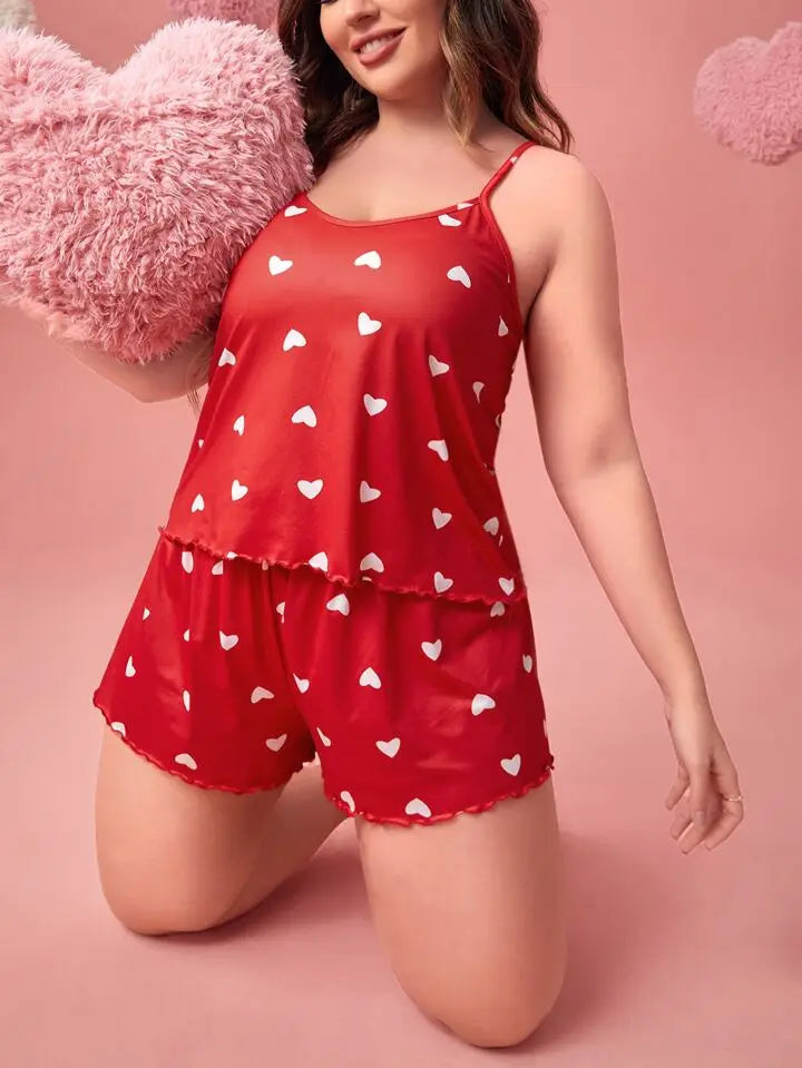 Plus-Size XL-5XL Women Pajama Set Nightgowns Cami Shorts Nightclothes  Sleeveless Nightwear Red Love Print Soft Sleepwear Summer