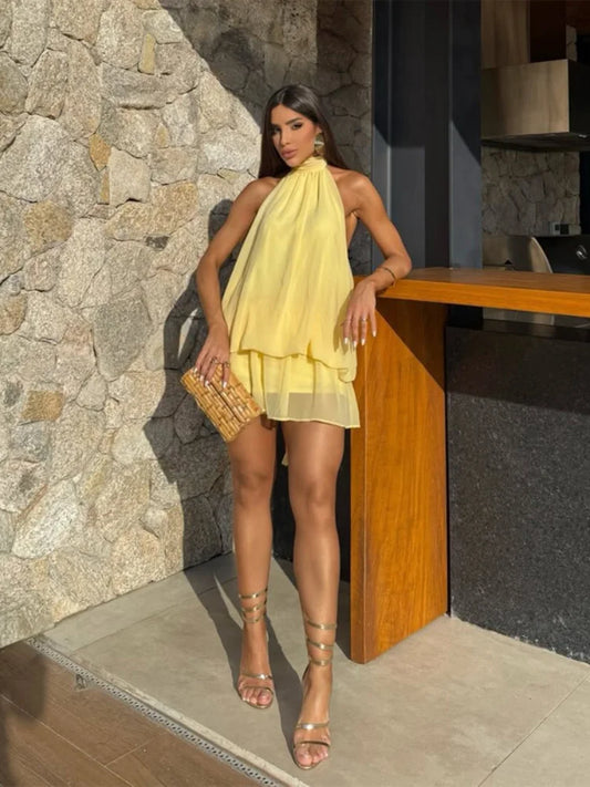 Lady Sexy Backless Halter Chiffon Mini Dress Women Chic Sleeveless Off-shoulder Pleated A-line Dresses New Summer Vacation Gowns