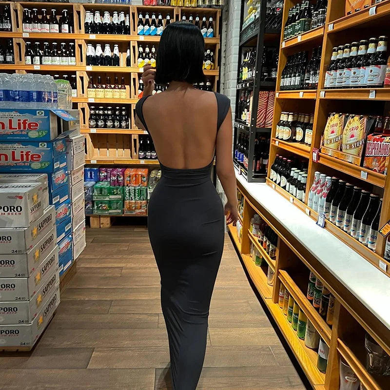 BOOFEENAA Short Sleeve Backless Long Dresses Sexy Outfits for Women Clothes Basics Casual Bodycon Grey Black Dress C71-BH23