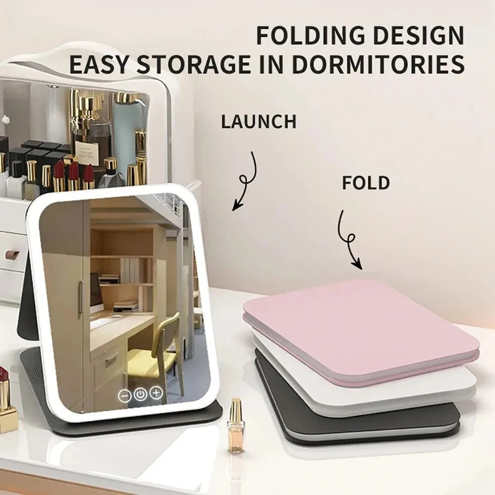 USB Rechargeable 3 Colors LED Makeup Mirror Pocket Mirror Touch Dimmable 3 Brightness Foldable for Travel Office Home