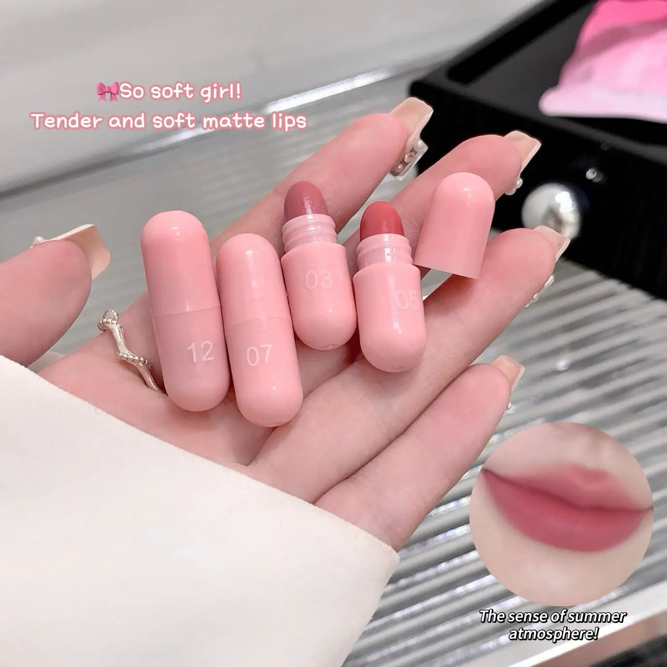 12-Color Pink Lip and Cheek Dual-Use Capsule Lipstick Set Long-Lasting, Color-Retaining, Waterproof  makeup