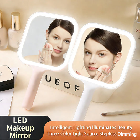 Portable LED Smart Handheld 3 Color Light Makeup Mirror Mirror Touching Mirror Square Makeup Vanity Mirrors with Handle Hand