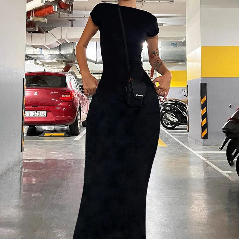 BOOFEENAA Short Sleeve Backless Long Dresses Sexy Outfits for Women Clothes Basics Casual Bodycon Grey Black Dress C71-BH23