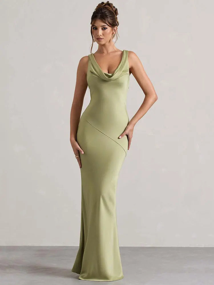 GACVGA Satin Elegant Maxi Evening Dress Women Sleeveless Slim Robe Gowns Sexy Bodycon Club Party Long Dresses Vestido