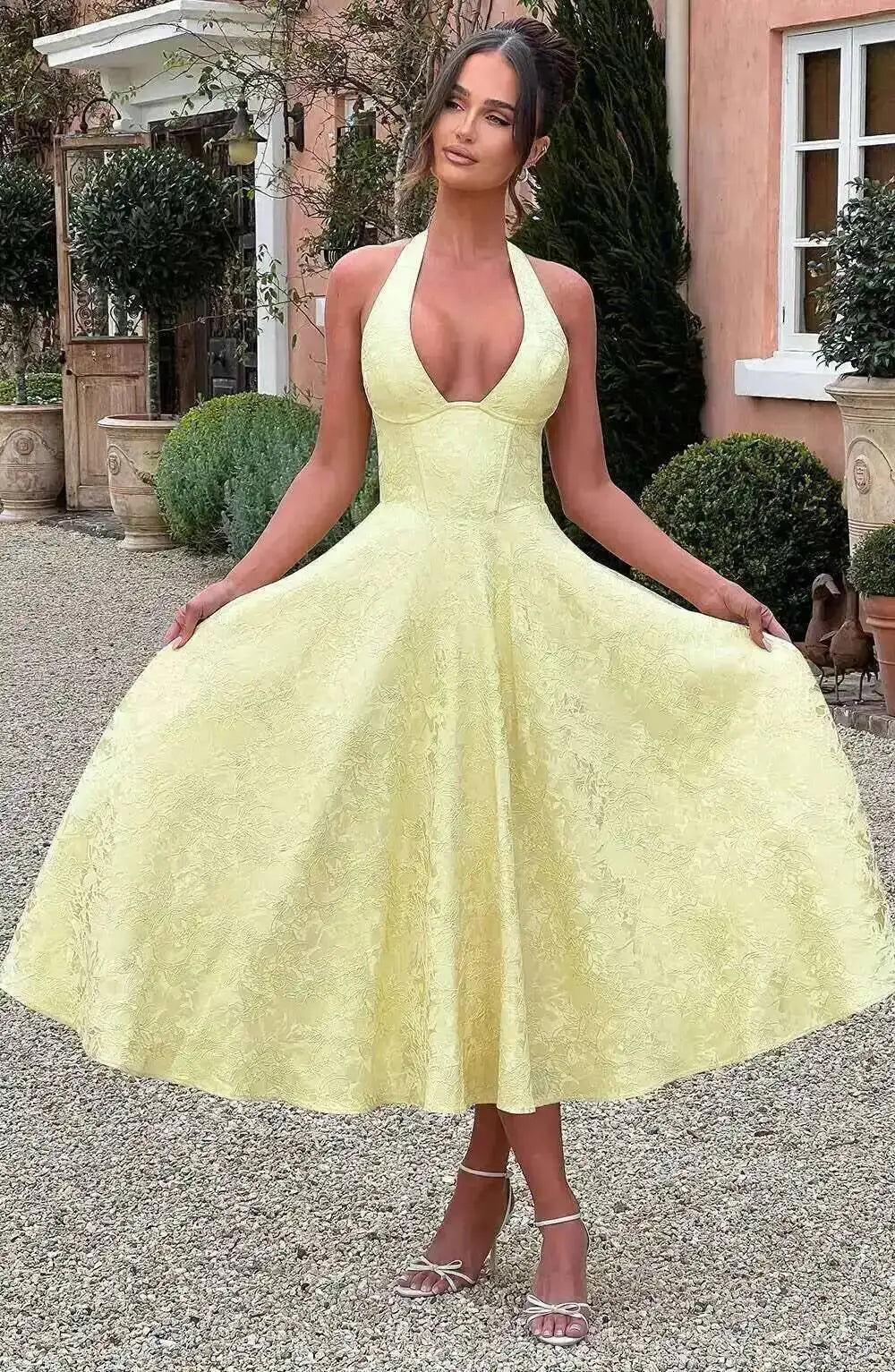 Giyu Club Evening Party Dresses Women 2025 Summer Sexy Bow Halter Long Dress Elegant Jacquard Lace Up Backless Birthday Robe