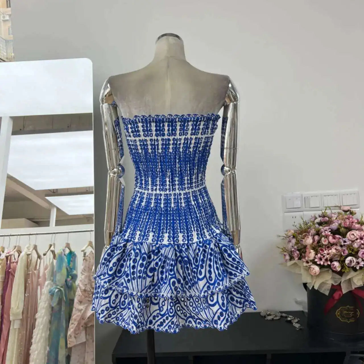Luxury Embroidery Print Short Dresses Women 2025 Summer Holiday Stretchy Corset Bustier Ruffle Cake Dress Elegant Party Vestidos