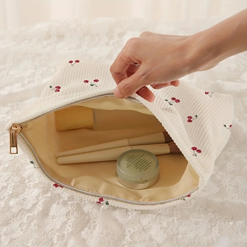 Fashion Cherry Printed Corduroy Makeup Bag Large Capacity Lightweight Zipper Makeup Storage Box Multifunctional Bag with Lining