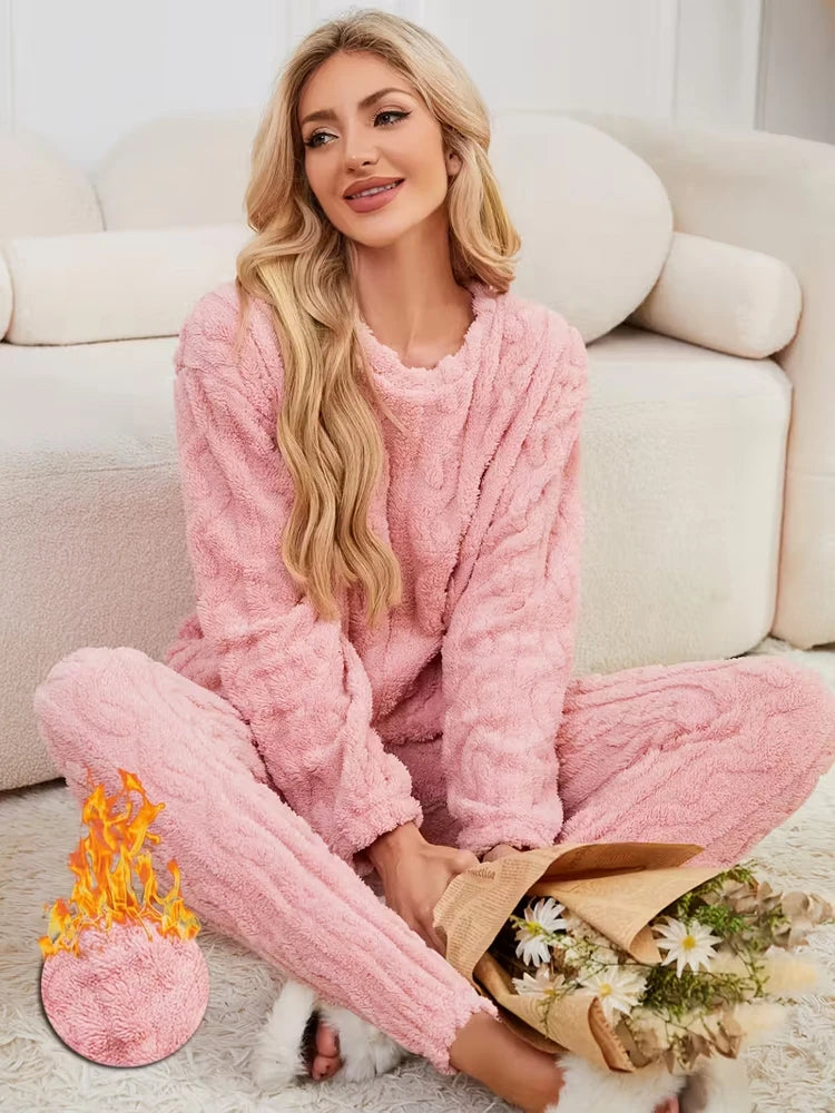 Thickened Warm Sleepwear for Women Flannel Suit with Fleece Lining Ladies Pajamas Sets Homewear Nightwear Warm Long-Sleeve Pants