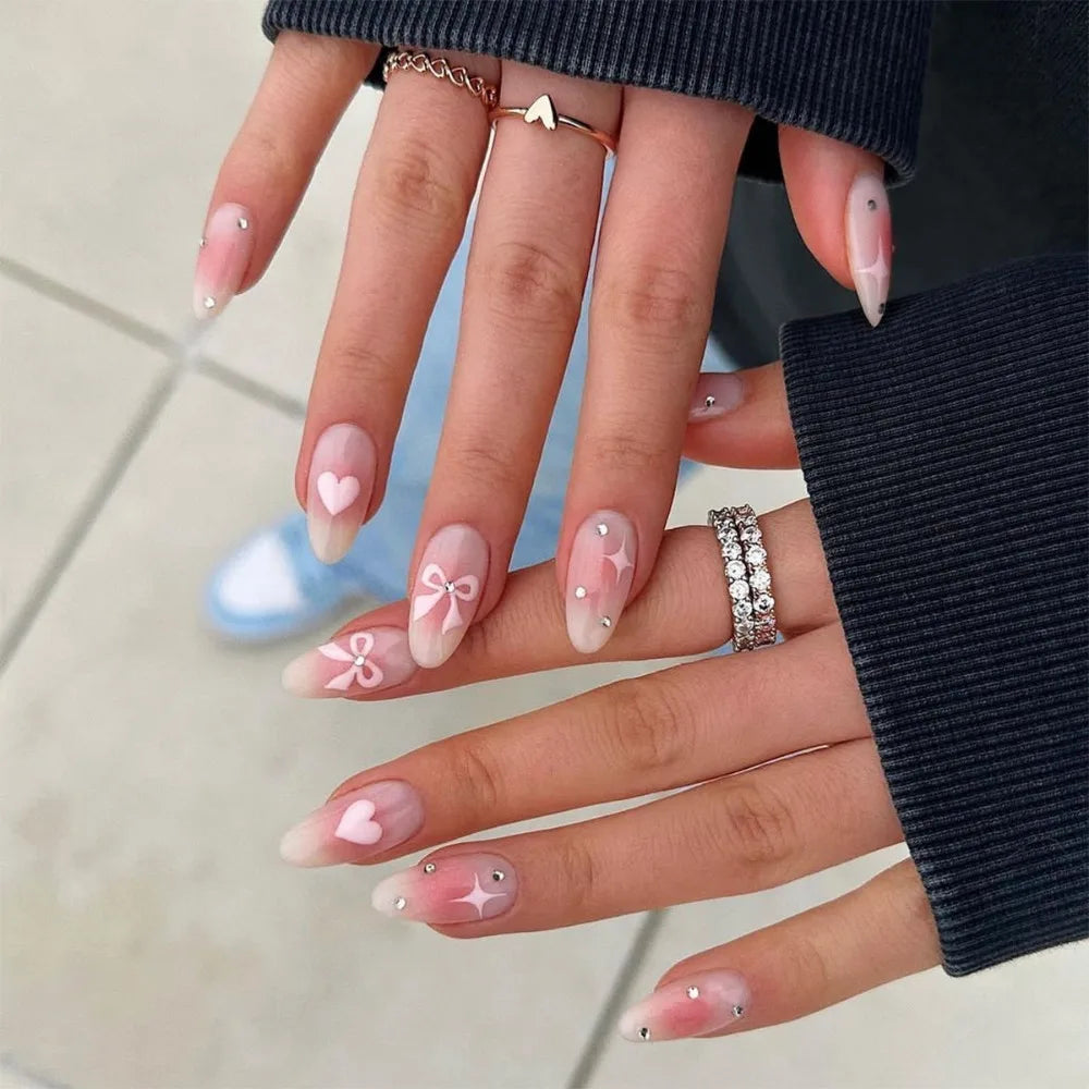 24Pcs Detachable Acrylic False Nails Press On Nail Cute Cherry French Almond Wearable Artificial Fake Nails Full Cover Nail Tips
