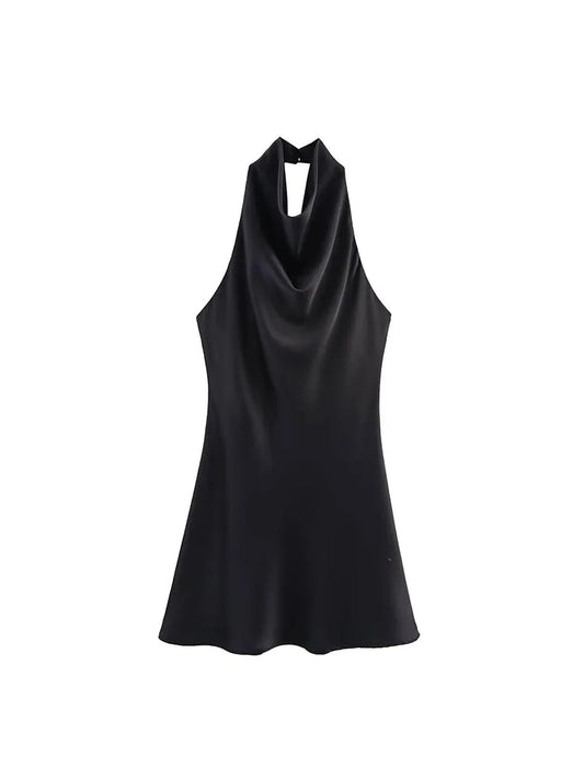 2026 Women Summer Halter Mini Dress Fashion Sexy Satin Backless Solid Female Elegant Street Party Dresses Clothing