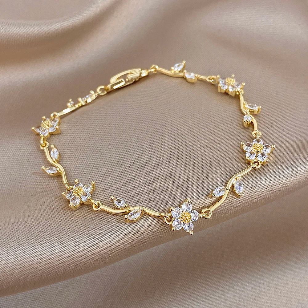 Greatera Tide Multiple Color Flower Rhinestone Branch Leaf Bracelet Dopamine Niche Sense Stainless Steel Women's Bangle Gifts