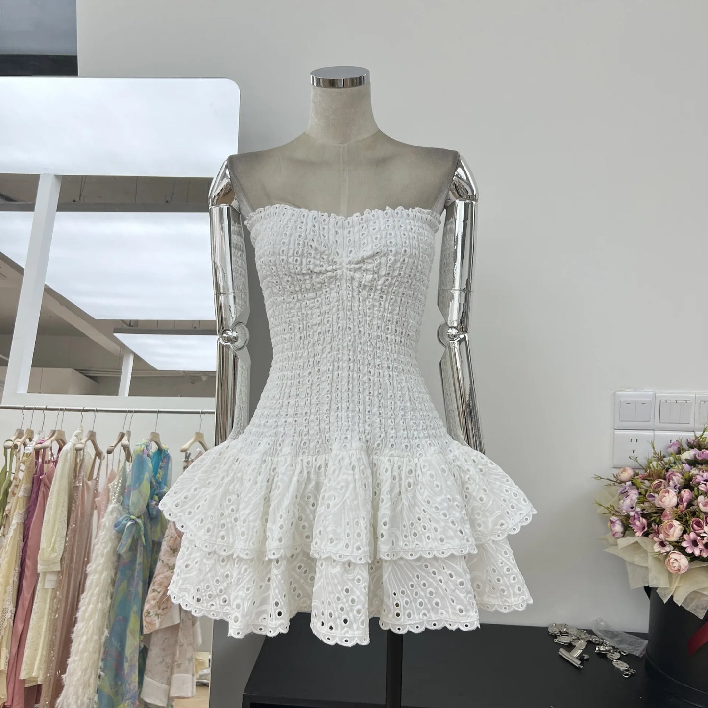 Luxury Embroidery Print Short Dresses Women 2025 Summer Holiday Stretchy Corset Bustier Ruffle Cake Dress Elegant Party Vestidos
