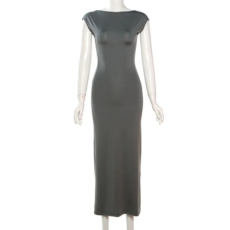 BOOFEENAA Short Sleeve Backless Long Dresses Sexy Outfits for Women Clothes Basics Casual Bodycon Grey Black Dress C71-BH23
