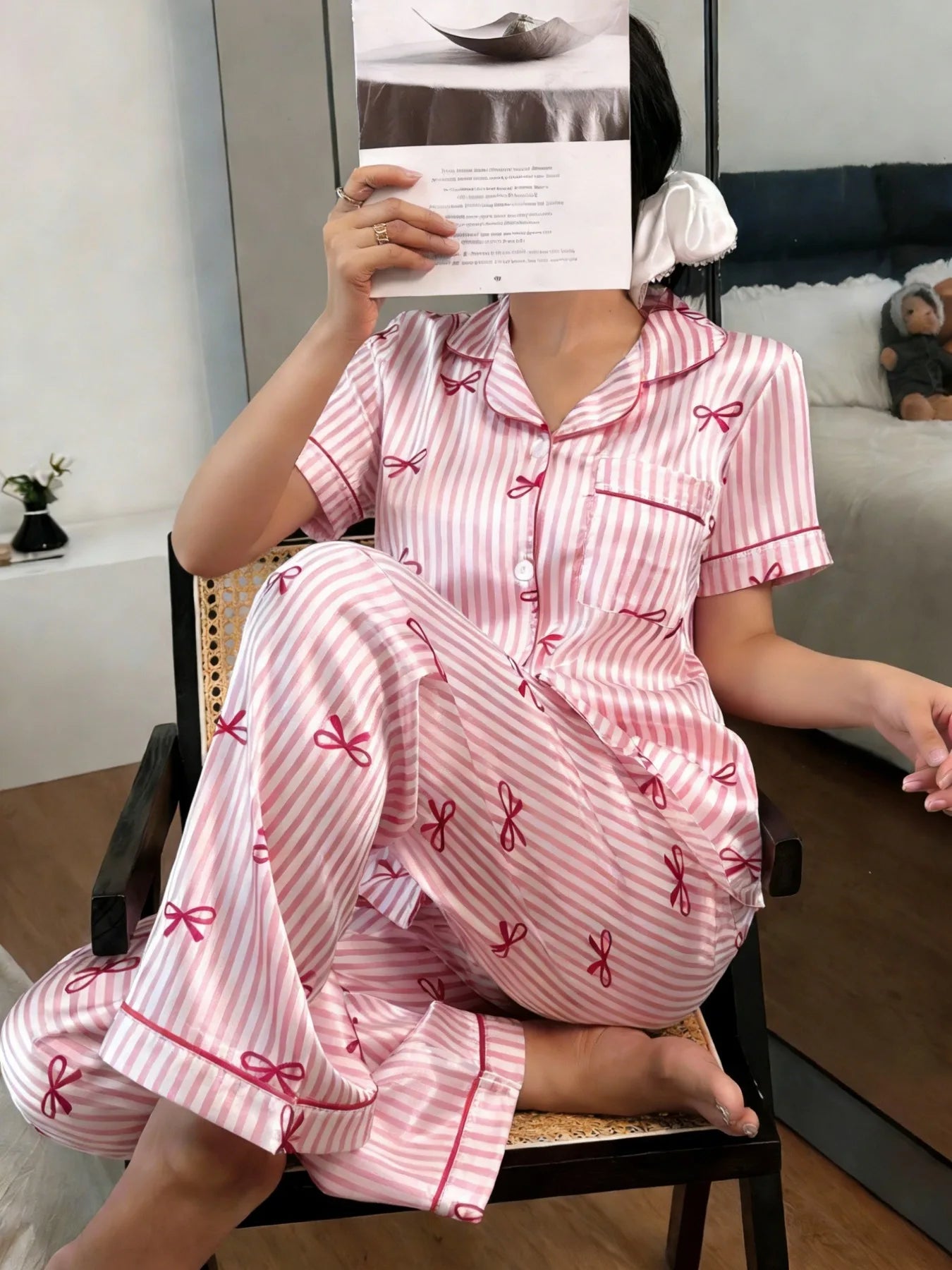 Summer Silk Satin Women Pajamas Set Button Down Top & Pants 2 Pieces Sleepwear Notched Collar Nightwear Loungewear for Women