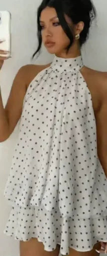 Lady Sexy Backless Halter Chiffon Mini Dress Women Chic Sleeveless Off-shoulder Pleated A-line Dresses New Summer Vacation Gowns