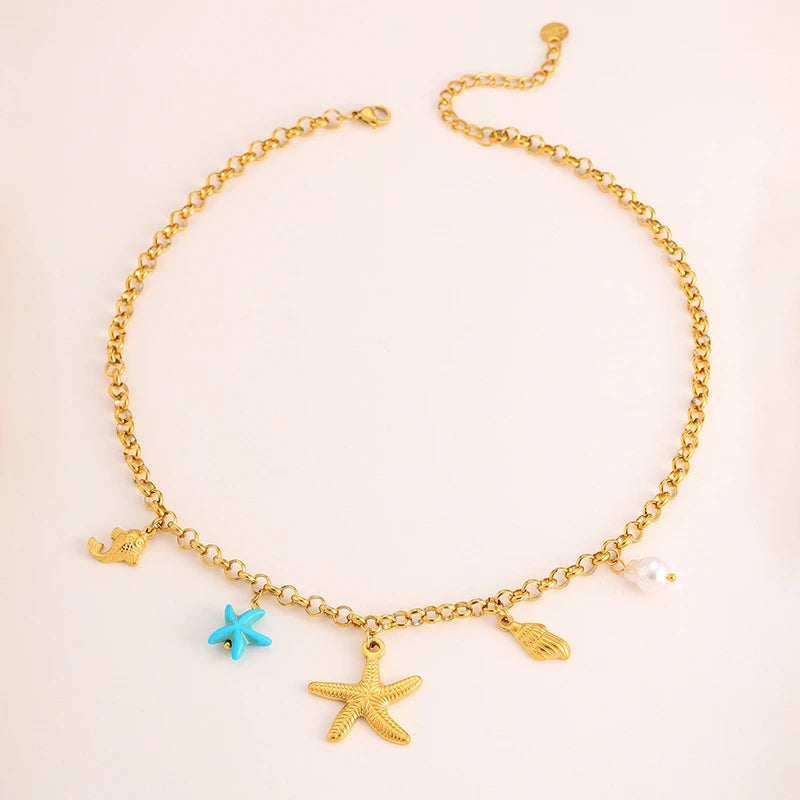 316L Stainless Steel New Fashion Jewelry 18K Gold-plated Tropical Ocean Fish Starfish Conch  Charm Chain Women Choker Necklaces