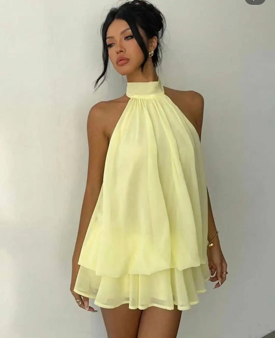 Lady Sexy Backless Halter Chiffon Mini Dress Women Chic Sleeveless Off-shoulder Pleated A-line Dresses New Summer Vacation Gowns
