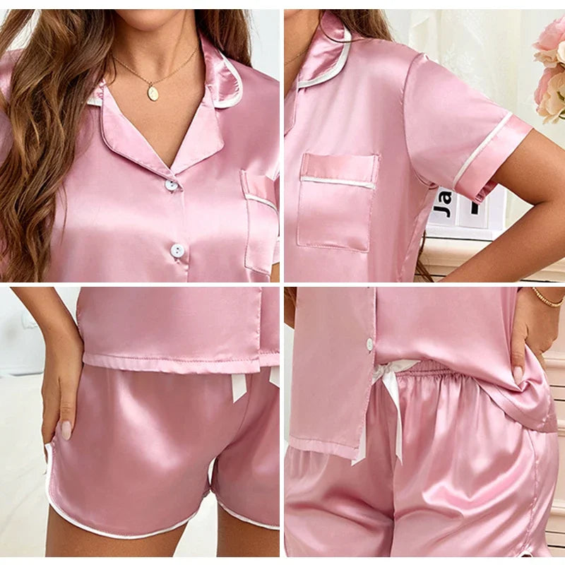 2026 Women Satin Pajamas Set 2-piece Pj Sets Sleepwear Loungewear Button-Down Pajama Women Pajamas Pijama Homewear Shorts Set
