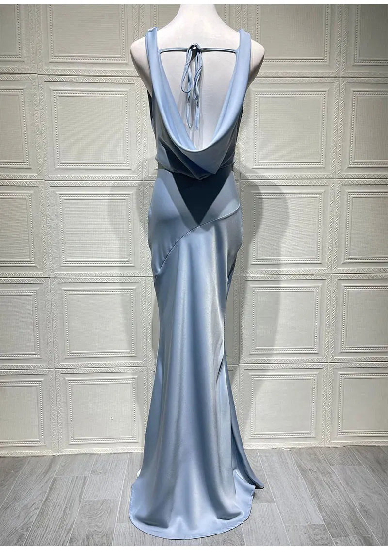 GACVGA Satin Elegant Maxi Evening Dress Women Sleeveless Slim Robe Gowns Sexy Bodycon Club Party Long Dresses Vestido
