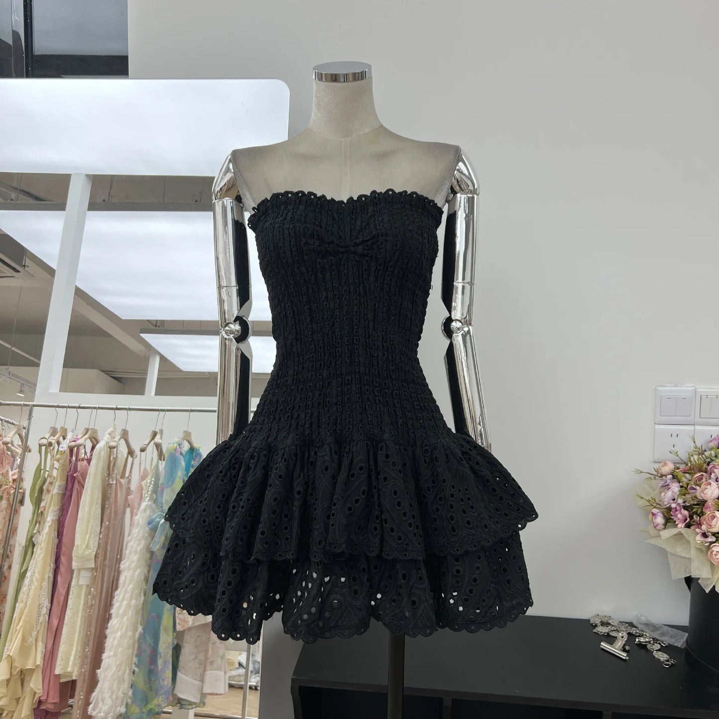 Luxury Embroidery Print Short Dresses Women 2025 Summer Holiday Stretchy Corset Bustier Ruffle Cake Dress Elegant Party Vestidos