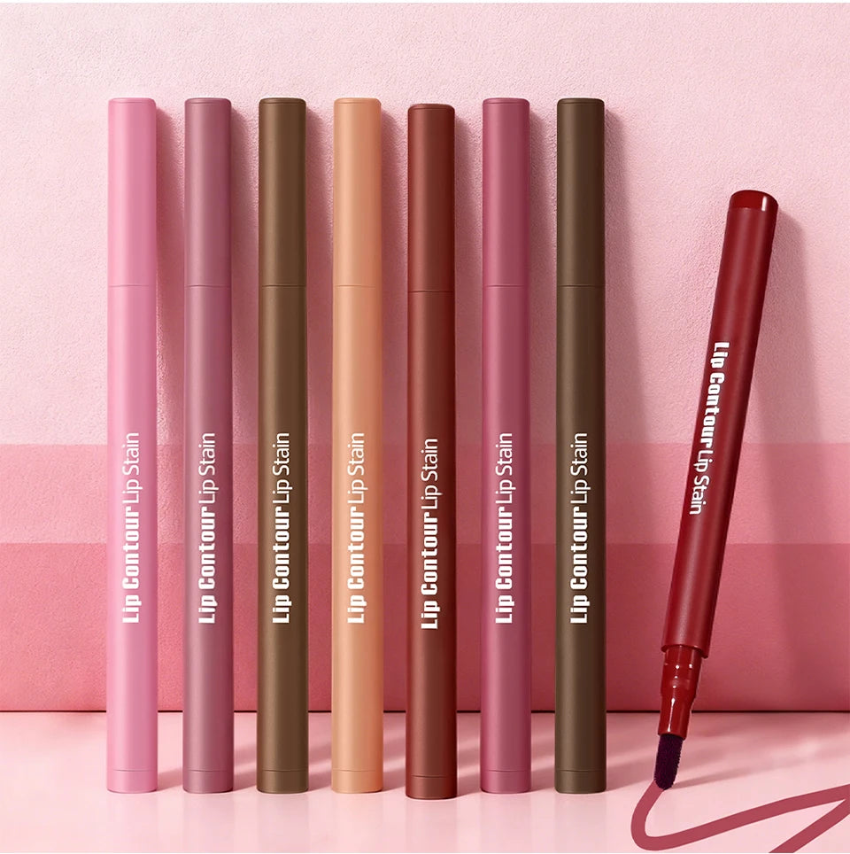 Long-lasting Lip Contour Lip Stain 2 In 1 Smudge-proof Lip Liner Pencil Ultra Pigmented Dual-Sided Design Non-Stick Cup Makeup