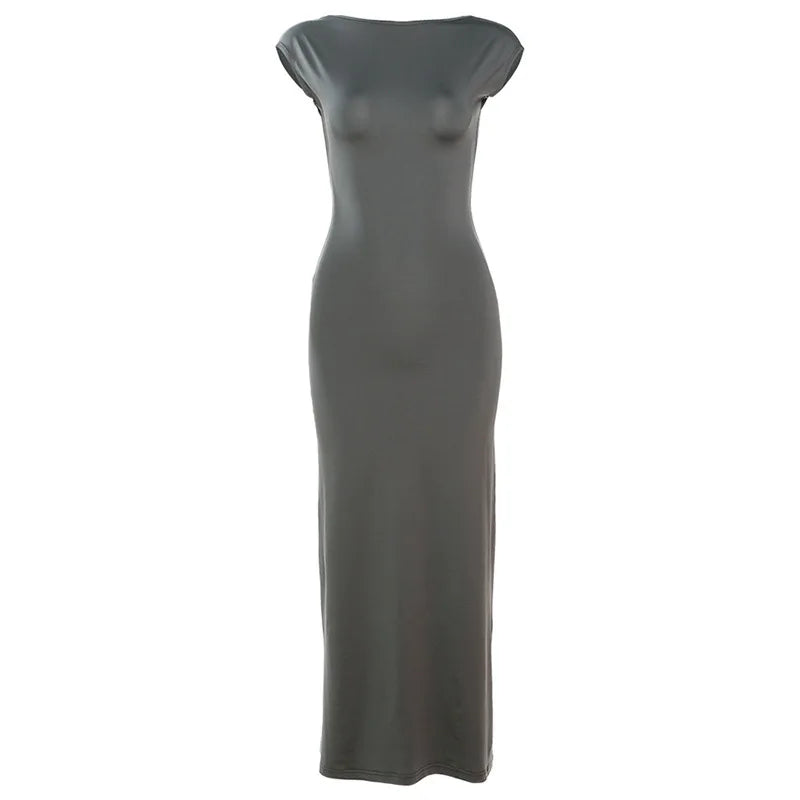 BOOFEENAA Short Sleeve Backless Long Dresses Sexy Outfits for Women Clothes Basics Casual Bodycon Grey Black Dress C71-BH23