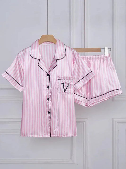 Striped Embroidered Letter Pocket Short Sleeve And Shorts Pajama Set Casual Satin Sleepwear Lapel Collar Classic Print