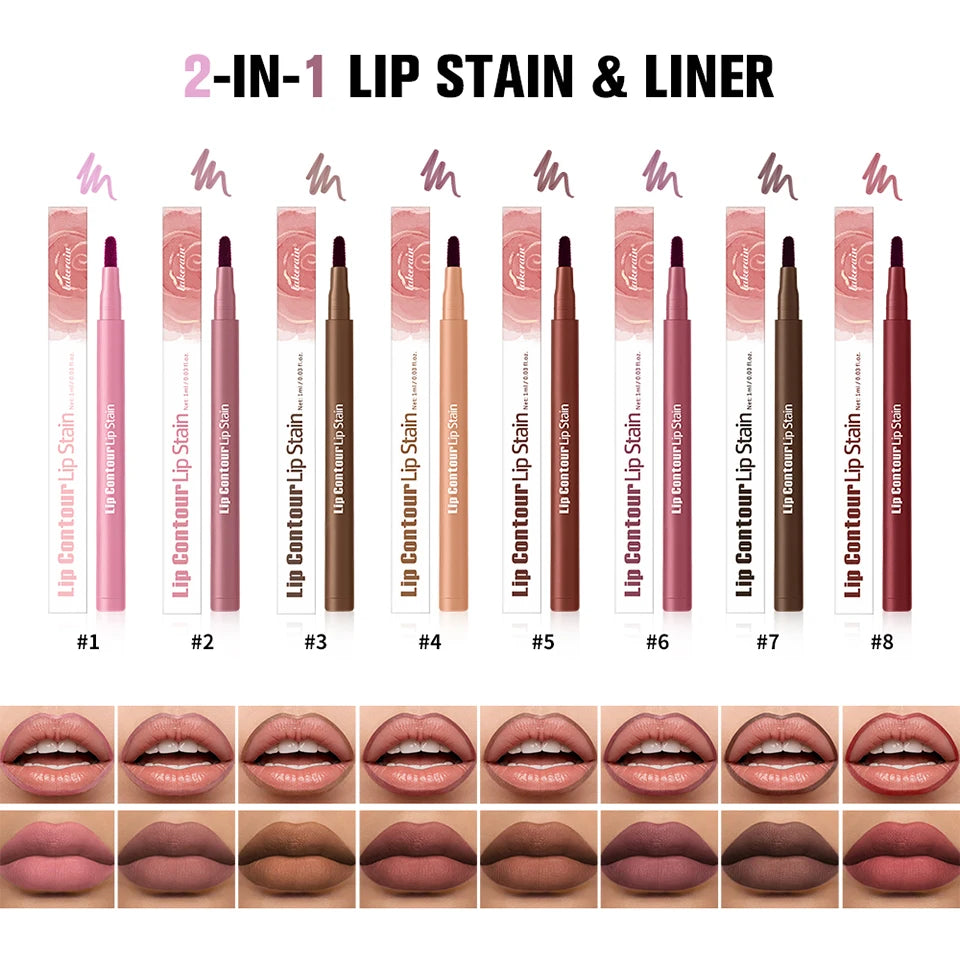 Long-lasting Lip Contour Lip Stain 2 In 1 Smudge-proof Lip Liner Pencil Ultra Pigmented Dual-Sided Design Non-Stick Cup Makeup