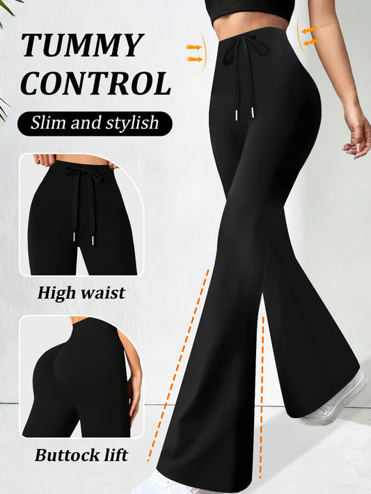 Drawstring Flare Pants, High Waist Bootcut Pants, Fashion Slim Elastic Comfortable Casual Long Pants, Sexy Wide Leg Pants
